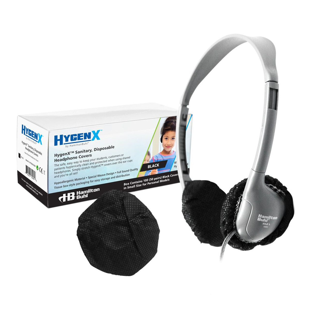 HamiltonBuhl® HygenX Sanitary, Disposable Ear Cushion Covers for 2.5" Personal-Sized Headphones and Headsets, 50 Pairs, BLACK